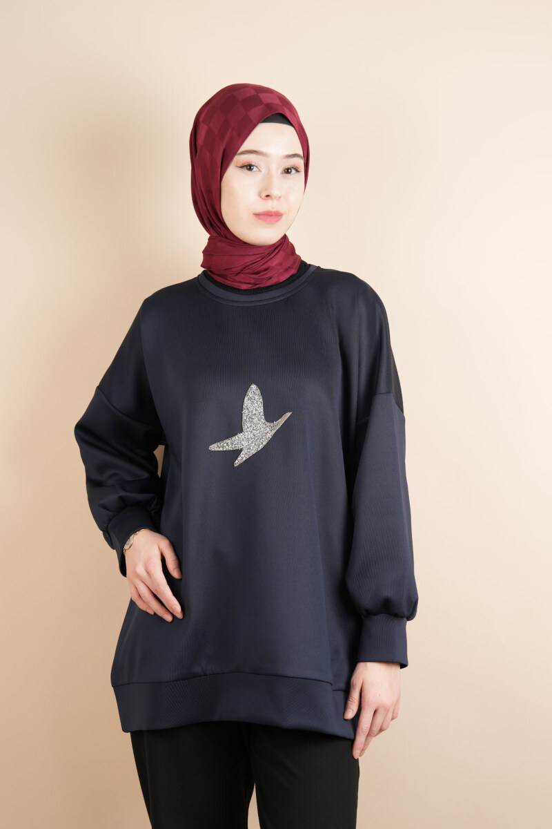 Tesettür Scuba Sweat Bukre Ön Taşlı Kuşlu Sweat Lacivert - 4
