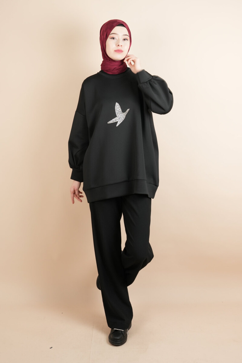 Tesettür Scuba Sweat Bukre Ön Taşlı Kuşlu Sweat Siyah - 1