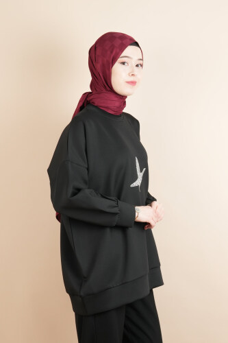 Tesettür Scuba Sweat Bukre Ön Taşlı Kuşlu Sweat Siyah - 2