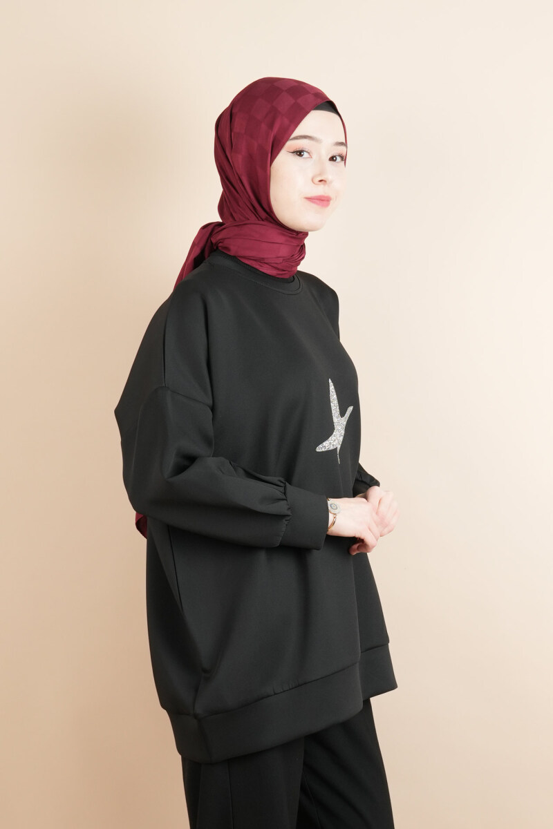Tesettür Scuba Sweat Bukre Ön Taşlı Kuşlu Sweat Siyah - 2