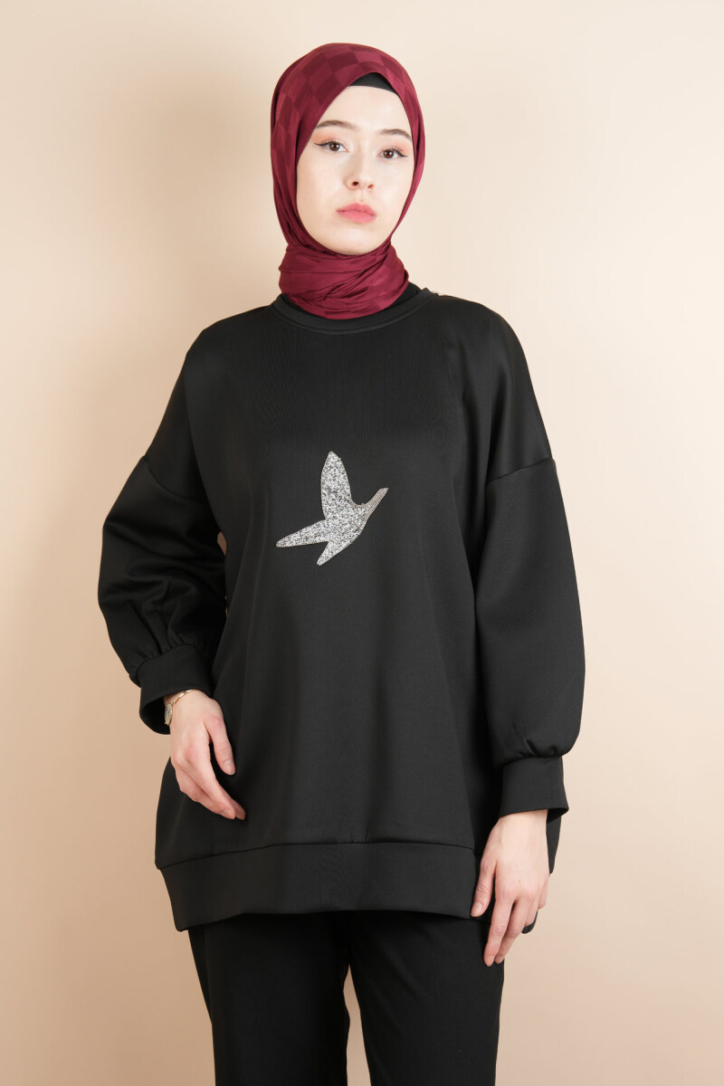 Tesettür Scuba Sweat Bukre Ön Taşlı Kuşlu Sweat Siyah - 4