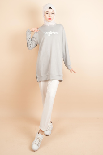Tesettür Spor Üst Önü Baskılı Sweatshirt Gri 