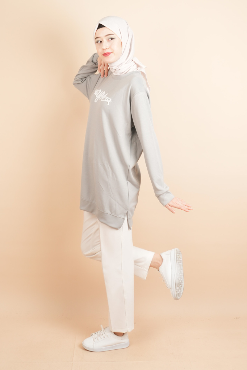 Tesettür Spor Üst Önü Baskılı Sweatshirt Gri - 2