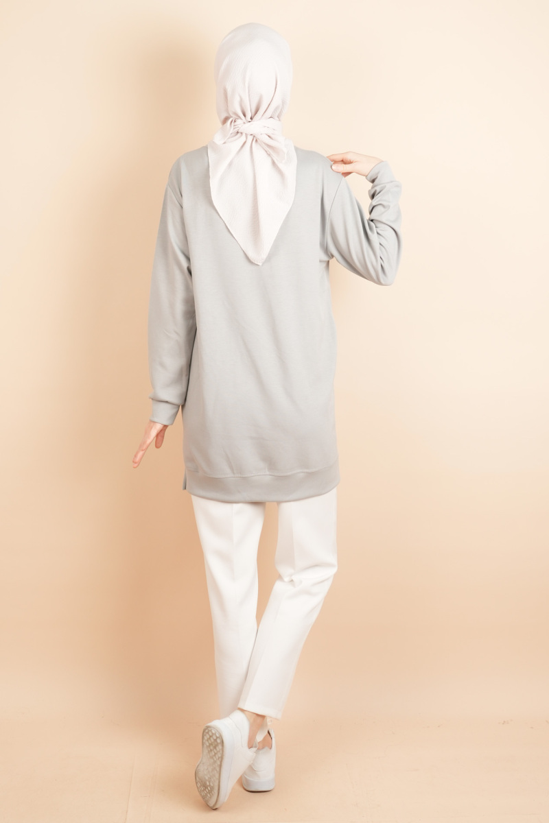 Tesettür Spor Üst Önü Baskılı Sweatshirt Gri - 3