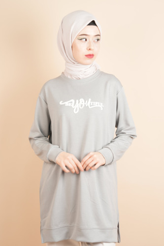 Tesettür Spor Üst Önü Baskılı Sweatshirt Gri - 4