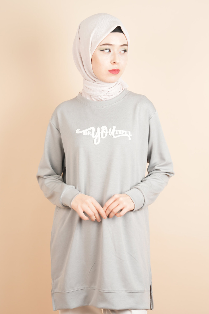 Tesettür Spor Üst Önü Baskılı Sweatshirt Gri - 4