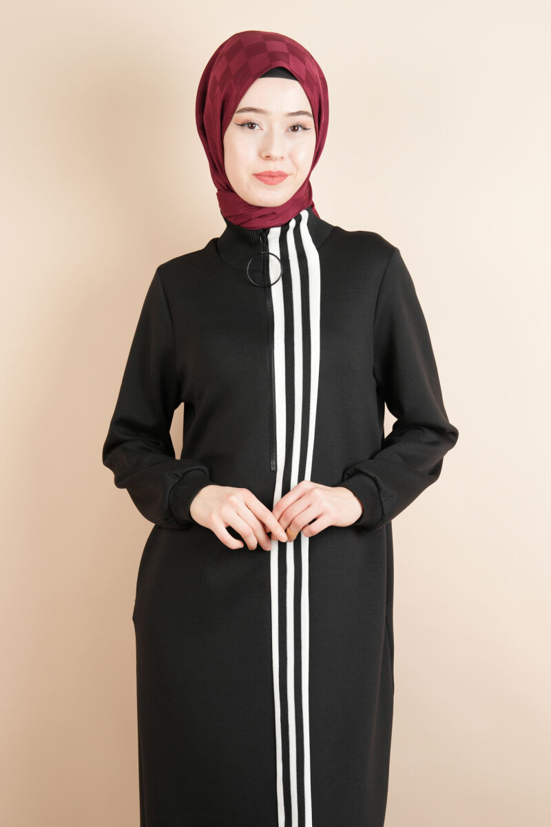Tesettür Sweat Elbise Puane Ön Yarım Fermuarlı Ribanalı Sweat Elbise Siyah - 4