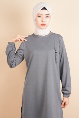 Tesettür Sweat Omuz Detaylı İki İp Sweat Gri 