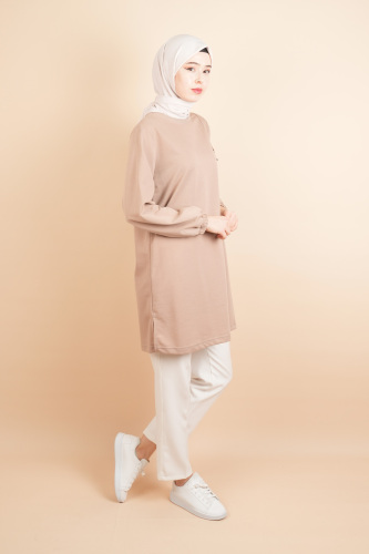 Tesettür Sweat Omuz Detaylı İki İp Sweat Bej - 3