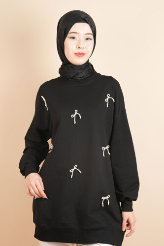 Tesettür Sweat Ön İnci Fiyonklu Sweat Siyah 