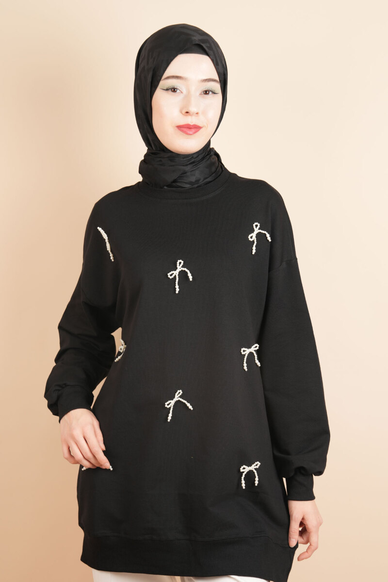 Tesettür Sweat Ön İnci Fiyonklu Sweat Siyah - 1