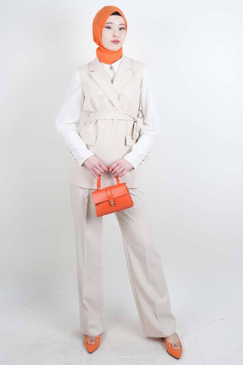 Tesettür Takım 4 Düğmeli Yelekli Blazer İkili Takım Krem - 1