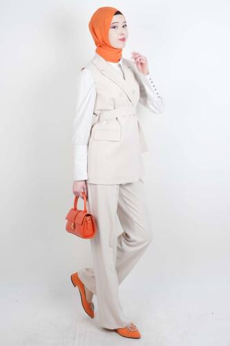 Tesettür Takım 4 Düğmeli Yelekli Blazer İkili Takım Krem - 03Kız Kulesi Teks (1)