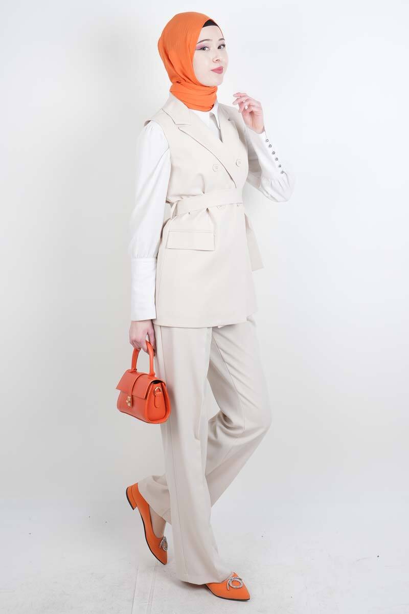Tesettür Takım 4 Düğmeli Yelekli Blazer İkili Takım Krem - 2