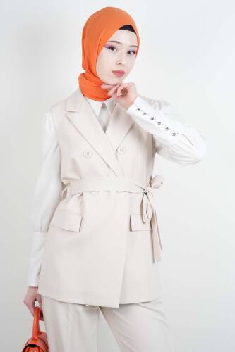 Tesettür Takım 4 Düğmeli Yelekli Blazer İkili Takım Krem - 3