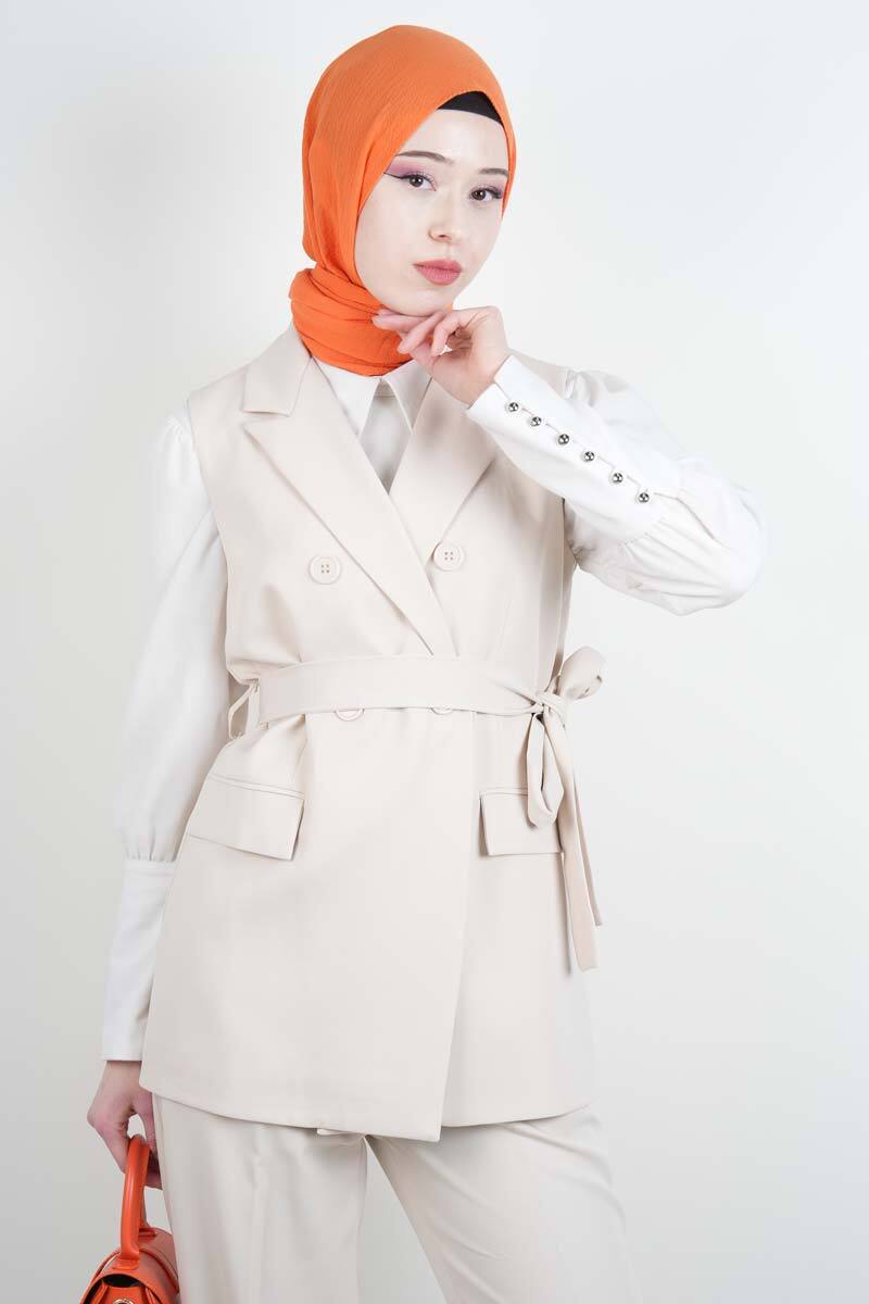Tesettür Takım 4 Düğmeli Yelekli Blazer İkili Takım Krem - 3
