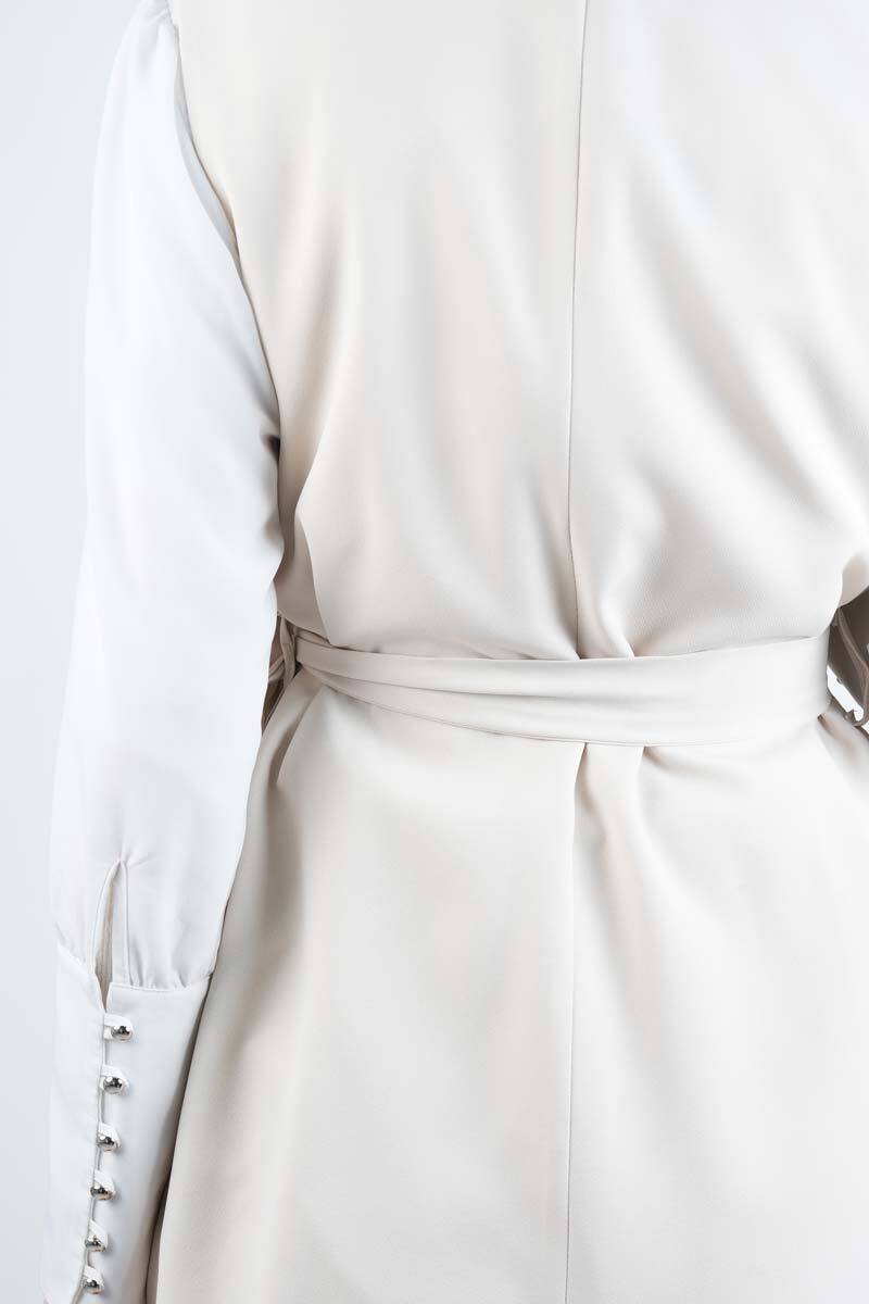 Tesettür Takım 4 Düğmeli Yelekli Blazer İkili Takım Krem - 4