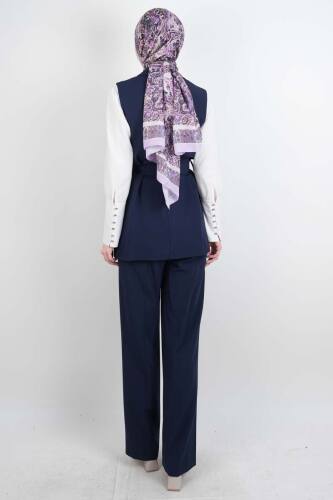 Tesettür Takım 4 Düğmeli Yelekli Blazer İkili Takım Lacivert - 3
