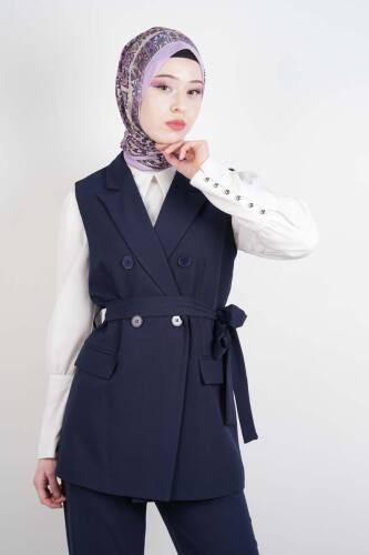 Tesettür Takım 4 Düğmeli Yelekli Blazer İkili Takım Lacivert - 4