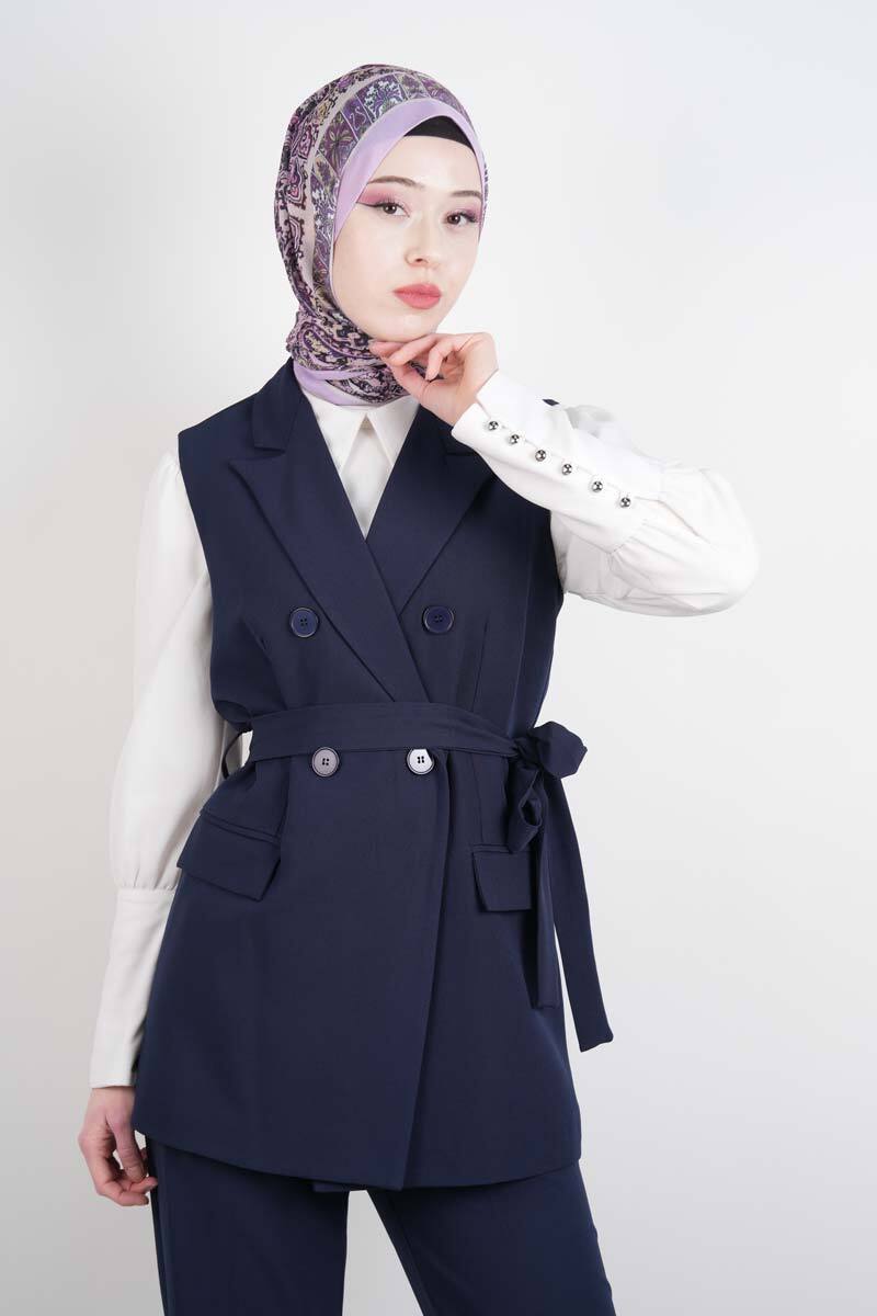 Tesettür Takım 4 Düğmeli Yelekli Blazer İkili Takım Lacivert - 4