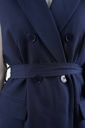 Tesettür Takım 4 Düğmeli Yelekli Blazer İkili Takım Lacivert - 5