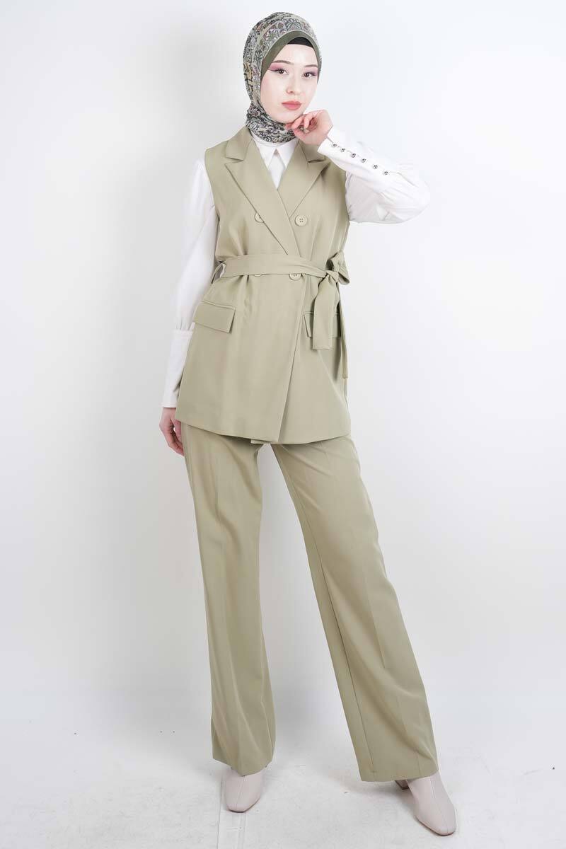 Tesettür Takım 4 Düğmeli Yelekli Blazer İkili Takım Yeşil - 1
