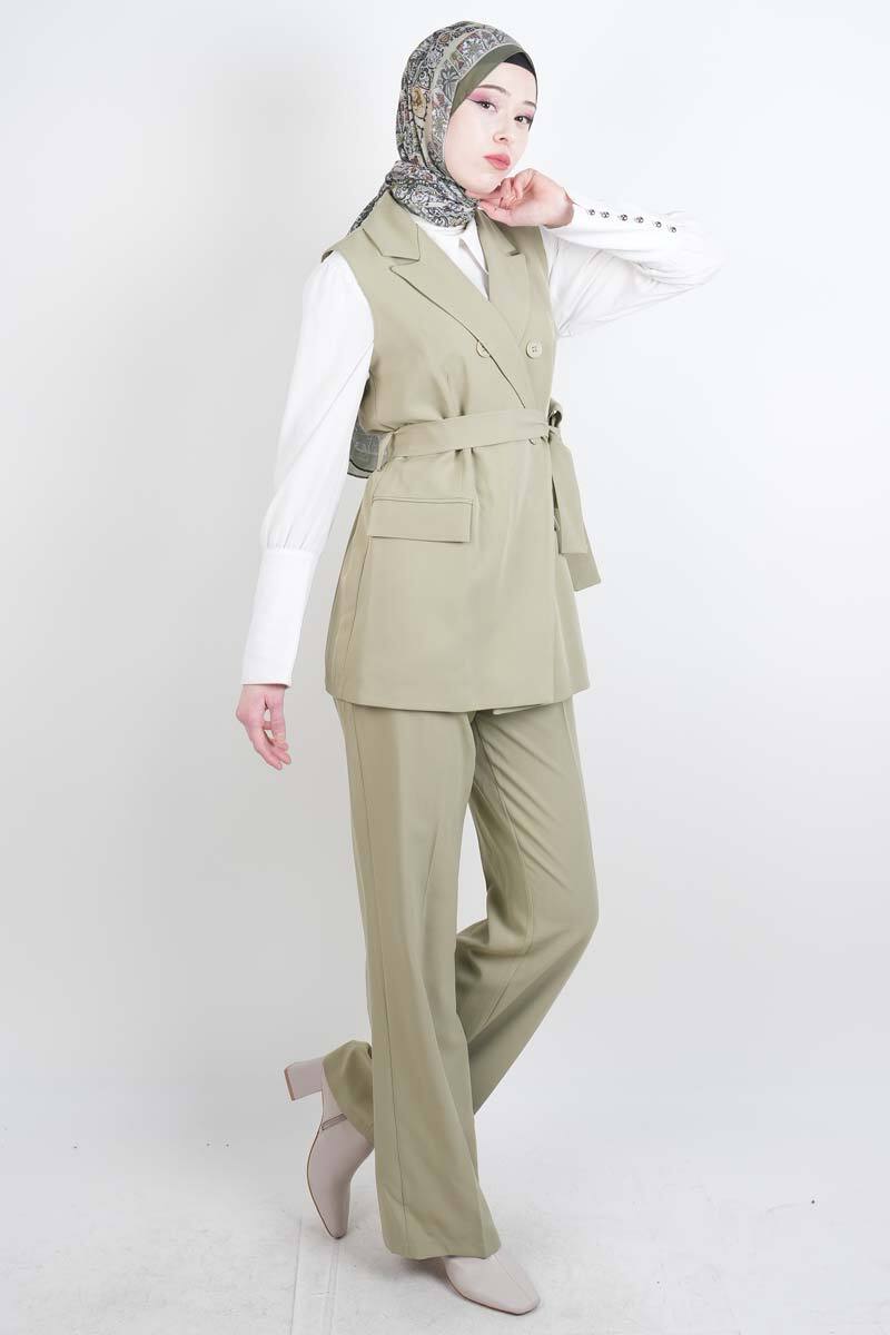 Tesettür Takım 4 Düğmeli Yelekli Blazer İkili Takım Yeşil - 2