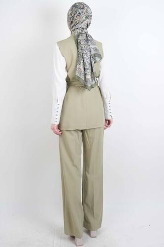 Tesettür Takım 4 Düğmeli Yelekli Blazer İkili Takım Yeşil - 3