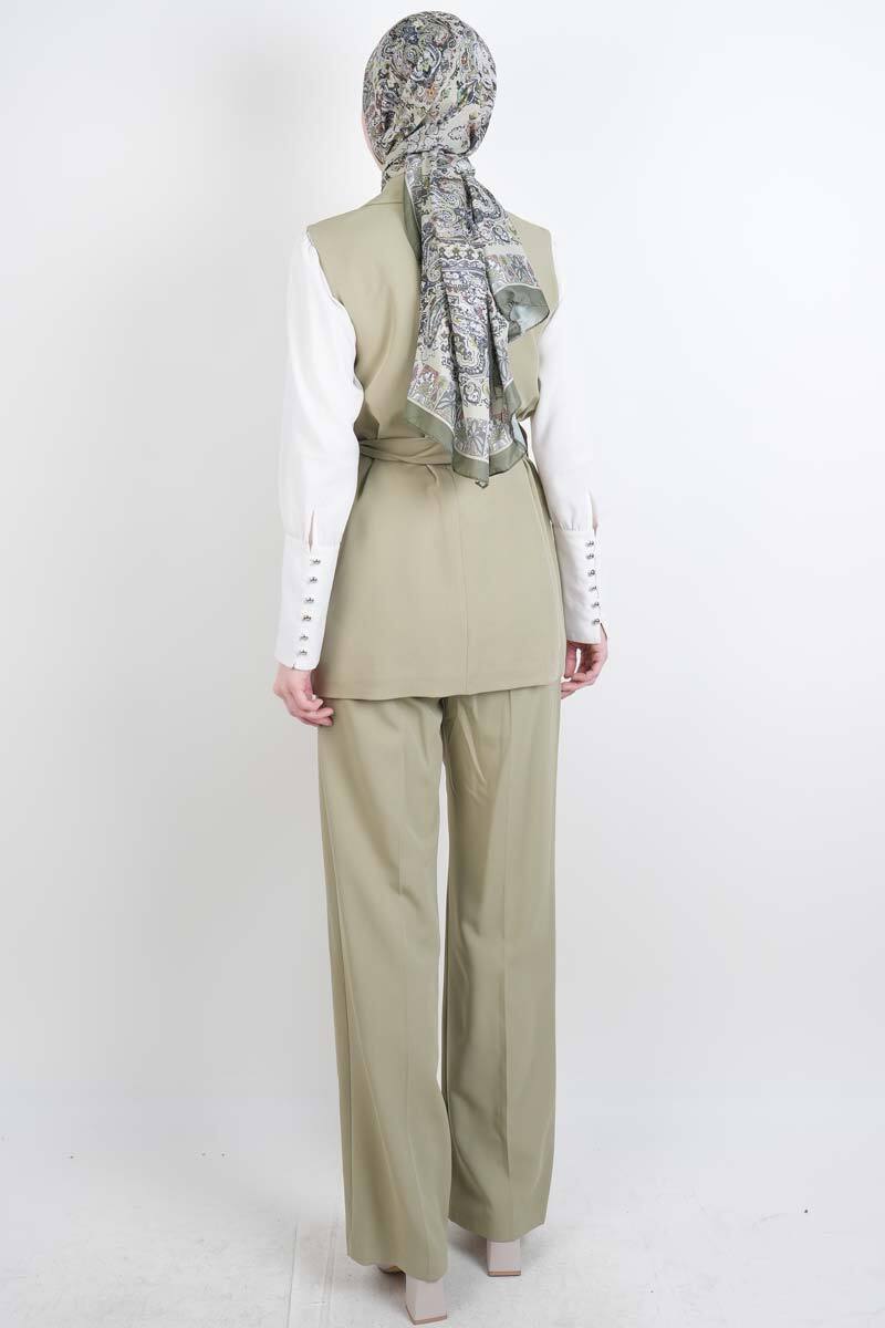 Tesettür Takım 4 Düğmeli Yelekli Blazer İkili Takım Yeşil - 3