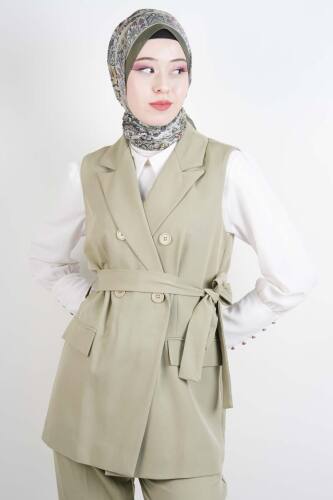 Tesettür Takım 4 Düğmeli Yelekli Blazer İkili Takım Yeşil - 4