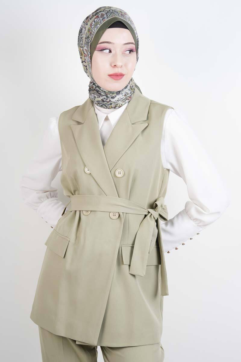 Tesettür Takım 4 Düğmeli Yelekli Blazer İkili Takım Yeşil - 4
