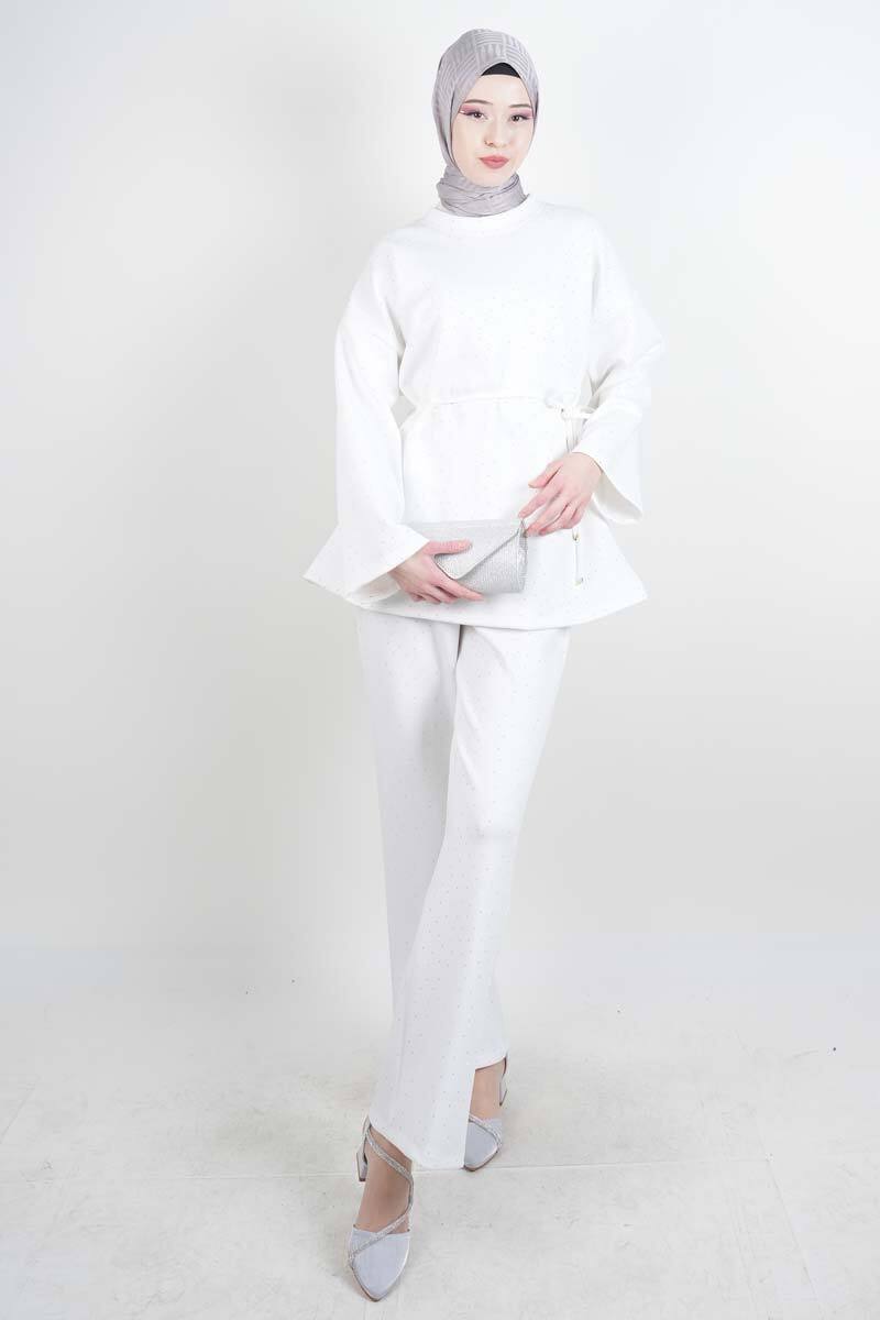 Tesettür Takım Bel İpli Full Taş Detay Scuba İkili Takım Beyaz - 1