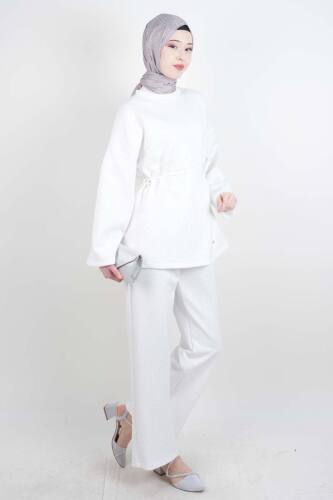 Tesettür Takım Bel İpli Full Taş Detay Scuba İkili Takım Beyaz - 03Kız Kulesi Teks (1)