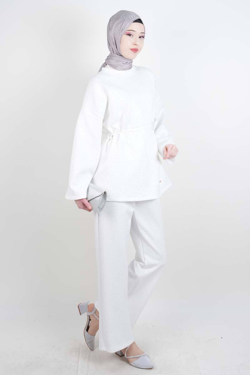 Tesettür Takım Bel İpli Full Taş Detay Scuba İkili Takım Beyaz - 2