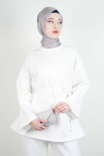 Tesettür Takım Bel İpli Full Taş Detay Scuba İkili Takım Beyaz - 4