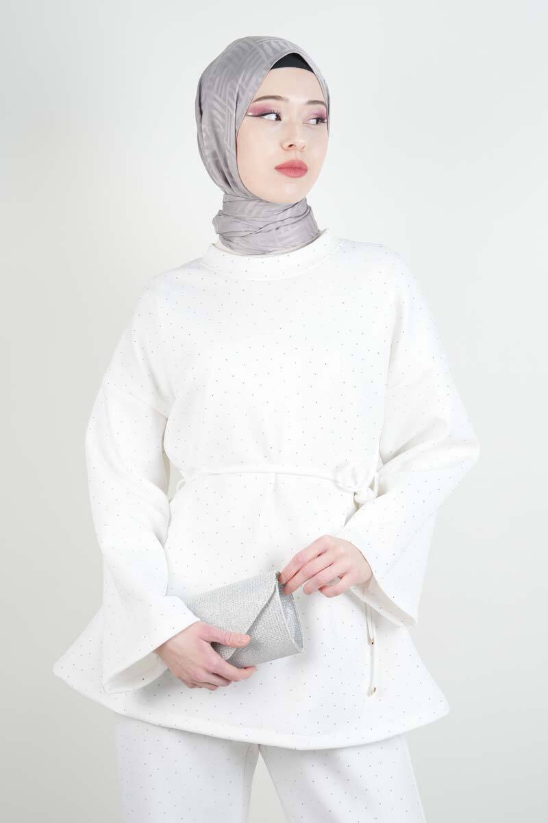 Tesettür Takım Bel İpli Full Taş Detay Scuba İkili Takım Beyaz - 4