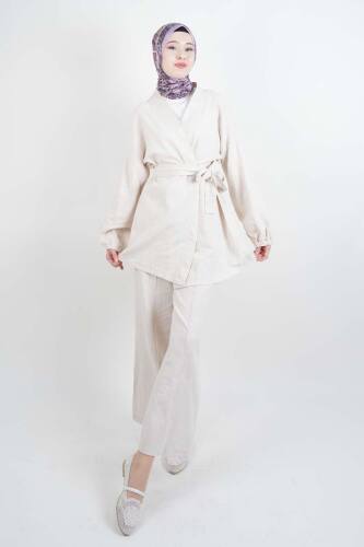 Tesettür Takım Bel Kuşaklı Keten 2'li Takım Krem - 03Kız Kulesi Teks