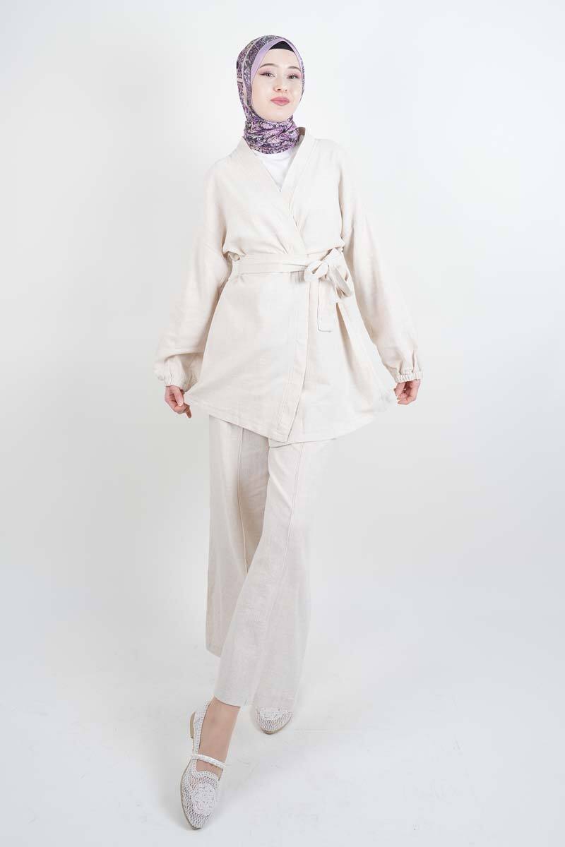 Tesettür Takım Bel Kuşaklı Keten 2'li Takım Krem - 1