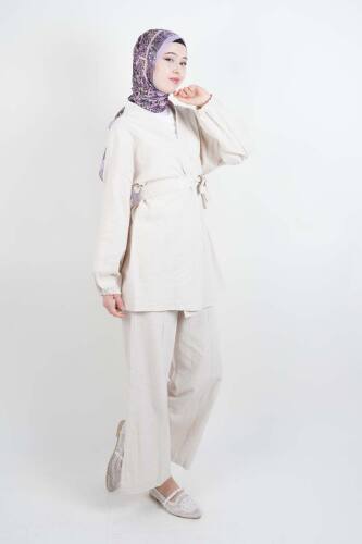 Tesettür Takım Bel Kuşaklı Keten 2'li Takım Krem - 03Kız Kulesi Teks (1)