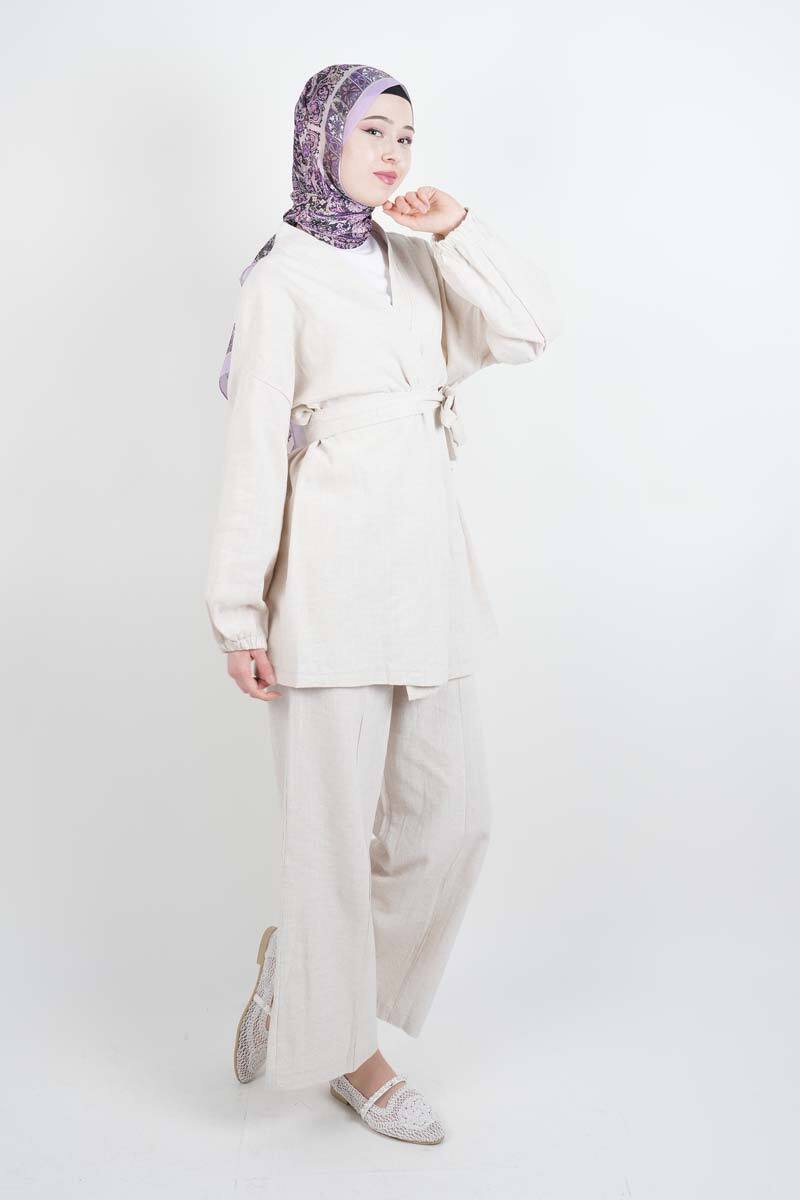 Tesettür Takım Bel Kuşaklı Keten 2'li Takım Krem - 2