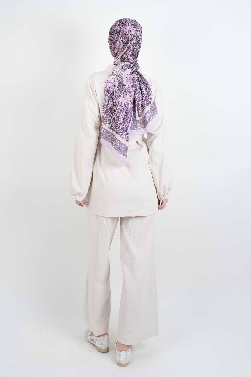 Tesettür Takım Bel Kuşaklı Keten 2'li Takım Krem - 3