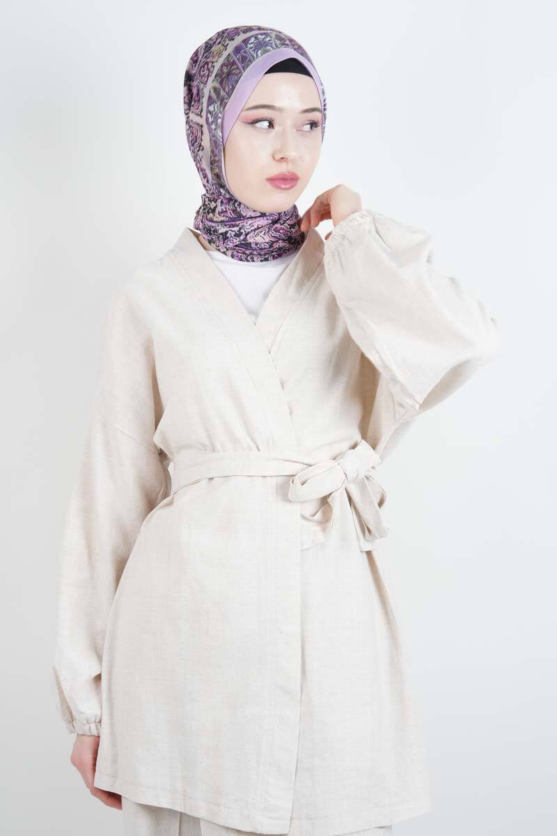 Tesettür Takım Bel Kuşaklı Keten 2'li Takım Krem - 4