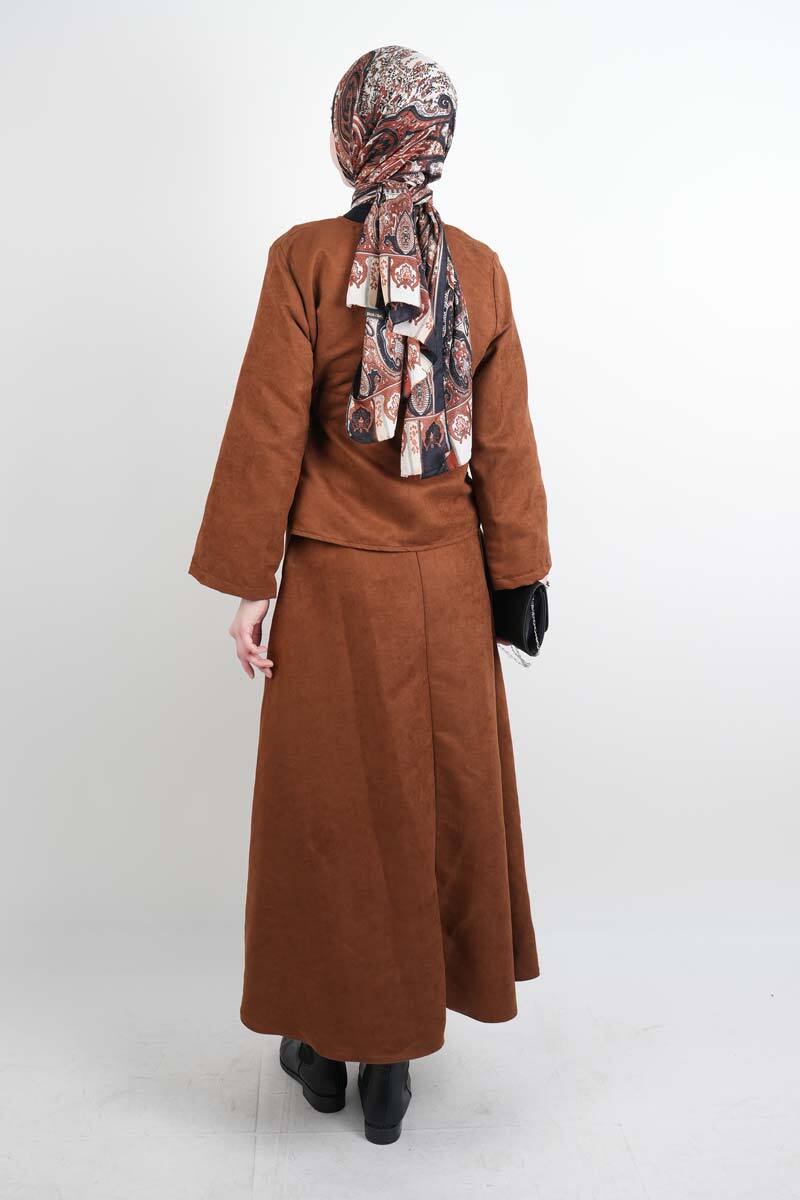 Tesettür Takım Beli Tünelli Ceketli Süet Etekli İkili Takım Taba - 3