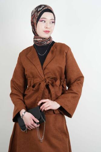 Tesettür Takım Beli Tünelli Ceketli Süet Etekli İkili Takım Taba - 4