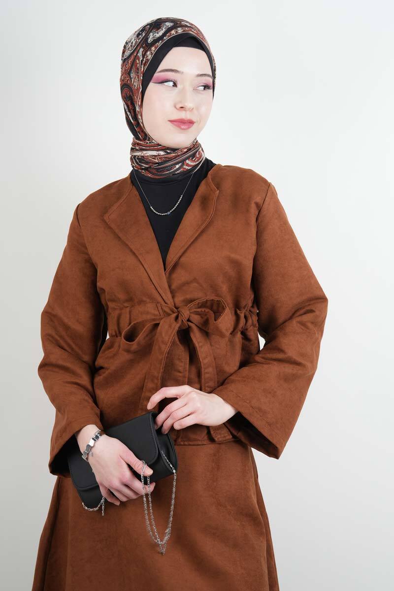 Tesettür Takım Beli Tünelli Ceketli Süet Etekli İkili Takım Taba - 4