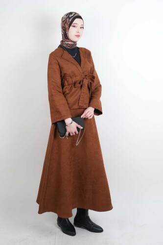 Tesettür Takım Beli Tünelli Ceketli Süet Etekli İkili Takım Taba - 03Kız Kulesi Teks (1)