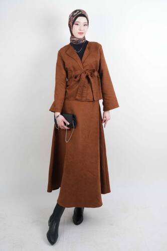Tesettür Takım Beli Tünelli Ceketli Süet Etekli İkili Takım Taba - 03Kız Kulesi Teks
