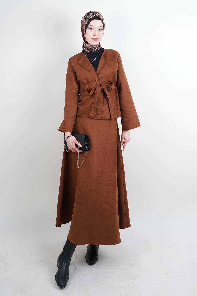 Tesettür Takım Beli Tünelli Ceketli Süet Etekli İkili Takım Taba - 1