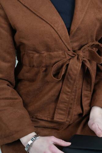 Tesettür Takım Beli Tünelli Ceketli Süet Etekli İkili Takım Taba - 5