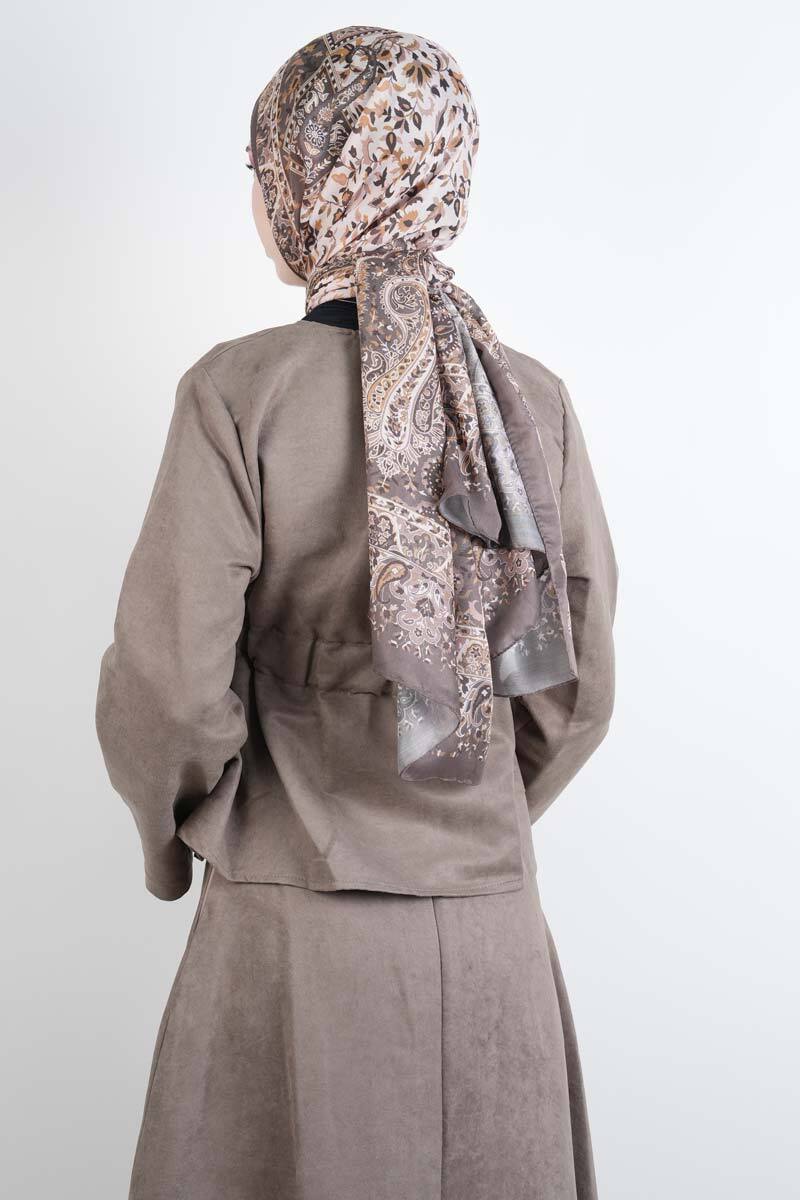 Tesettür Takım Beli Tünelli Ceketli Süet Etekli İkili Takım Vizon - 3